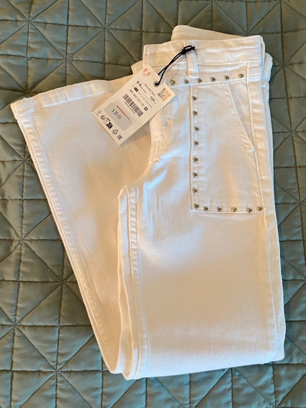 Zara White Kids Jeans with Silver Stud Trim